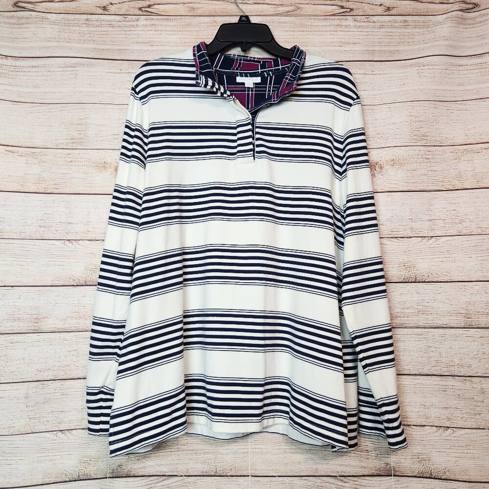 Charter Club Womens Size 2X Striped Henley Shirt Long Sleeve Quarter Button Navy